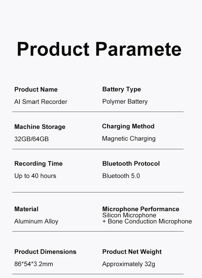 AI Smart Note Taker Voice Recorder 64GB Memory App Control Transcribe Summarize and Translate Audio for Education and Office