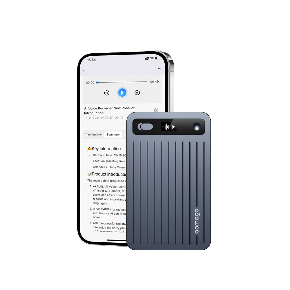 AI Smart Note Taker Voice Recorder 64GB Memory App Control Transcribe Summarize and Translate Audio for Education and Office